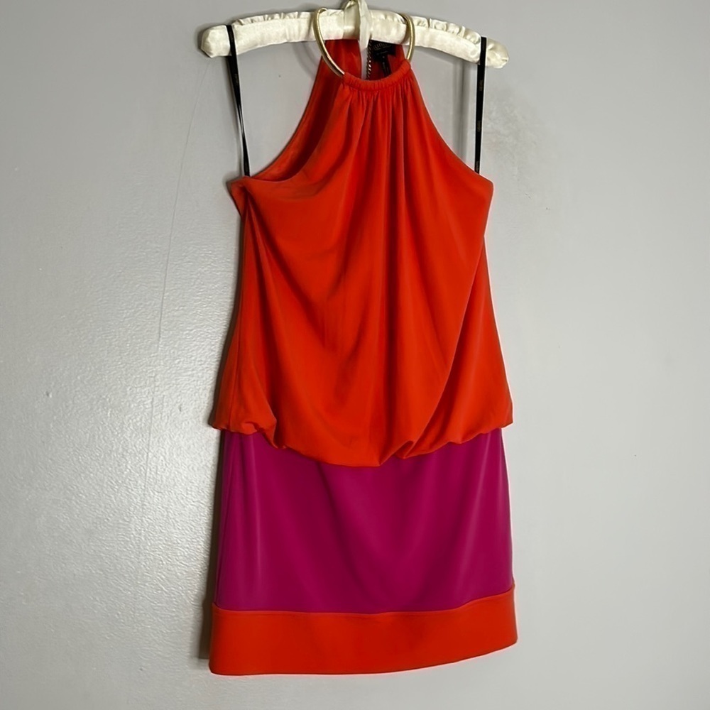 Laundry Shelli Segal Color-block gold chocker neck mini dress 6 coral pink